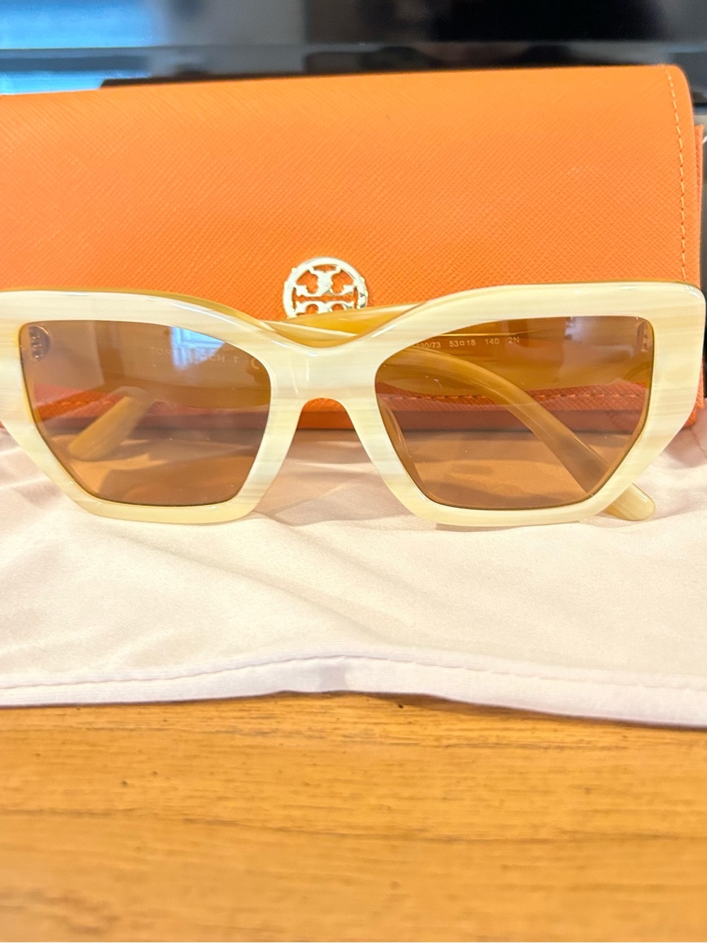 Tory Burch Cream Frame Horn Sunglasses with Amber Lenses